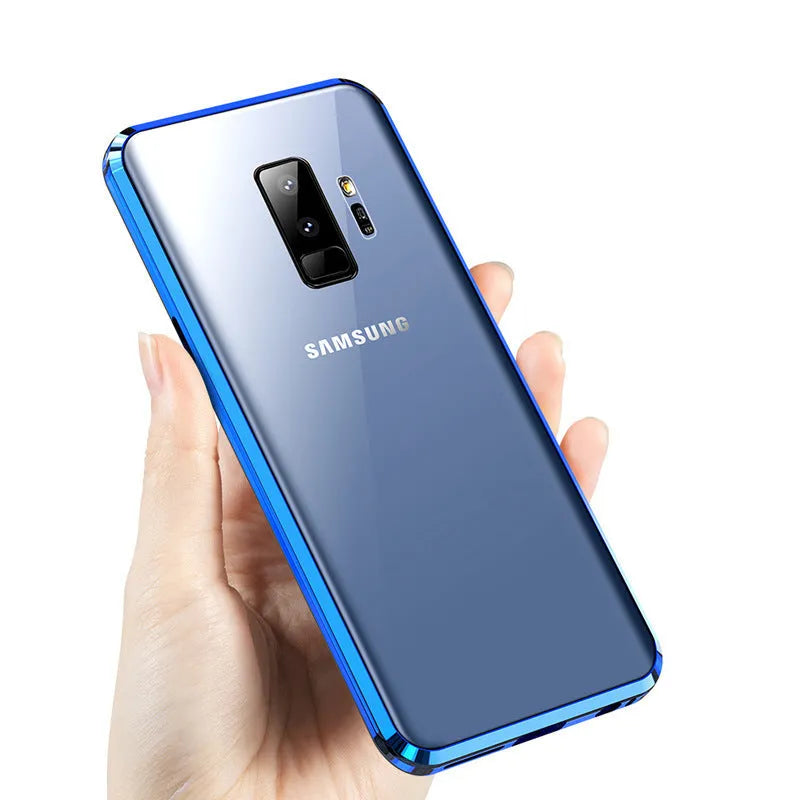 Black magnetic clamshell phone case with anti-peeping screen for Samsung Galaxy phones, shown open.