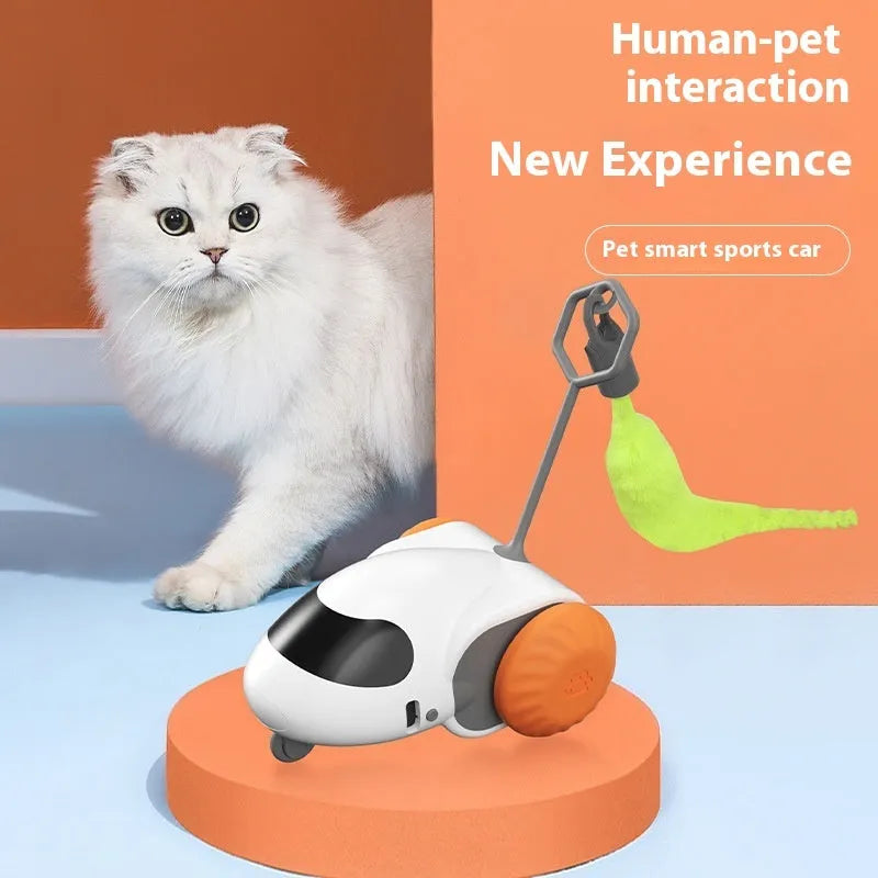 Smart running car electric toy for cats in light grey blue and summer orange colours