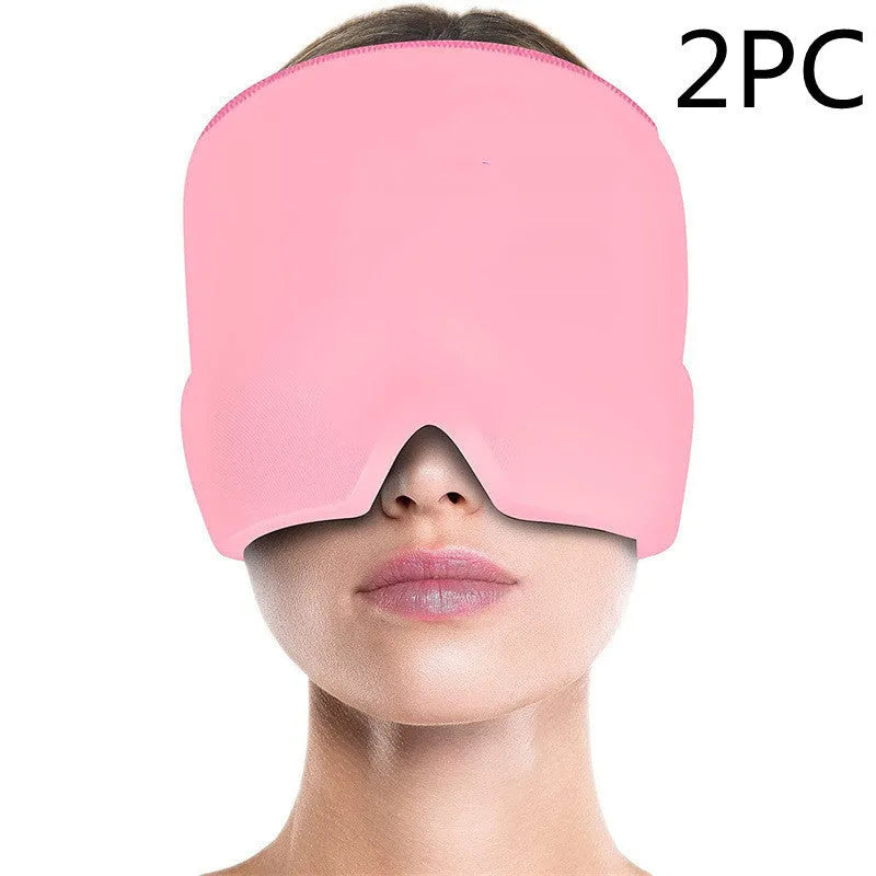 Black elastic ice gel headache relief eye mask shown on a mannequin head, adjustable for 42-66cm circumference.
