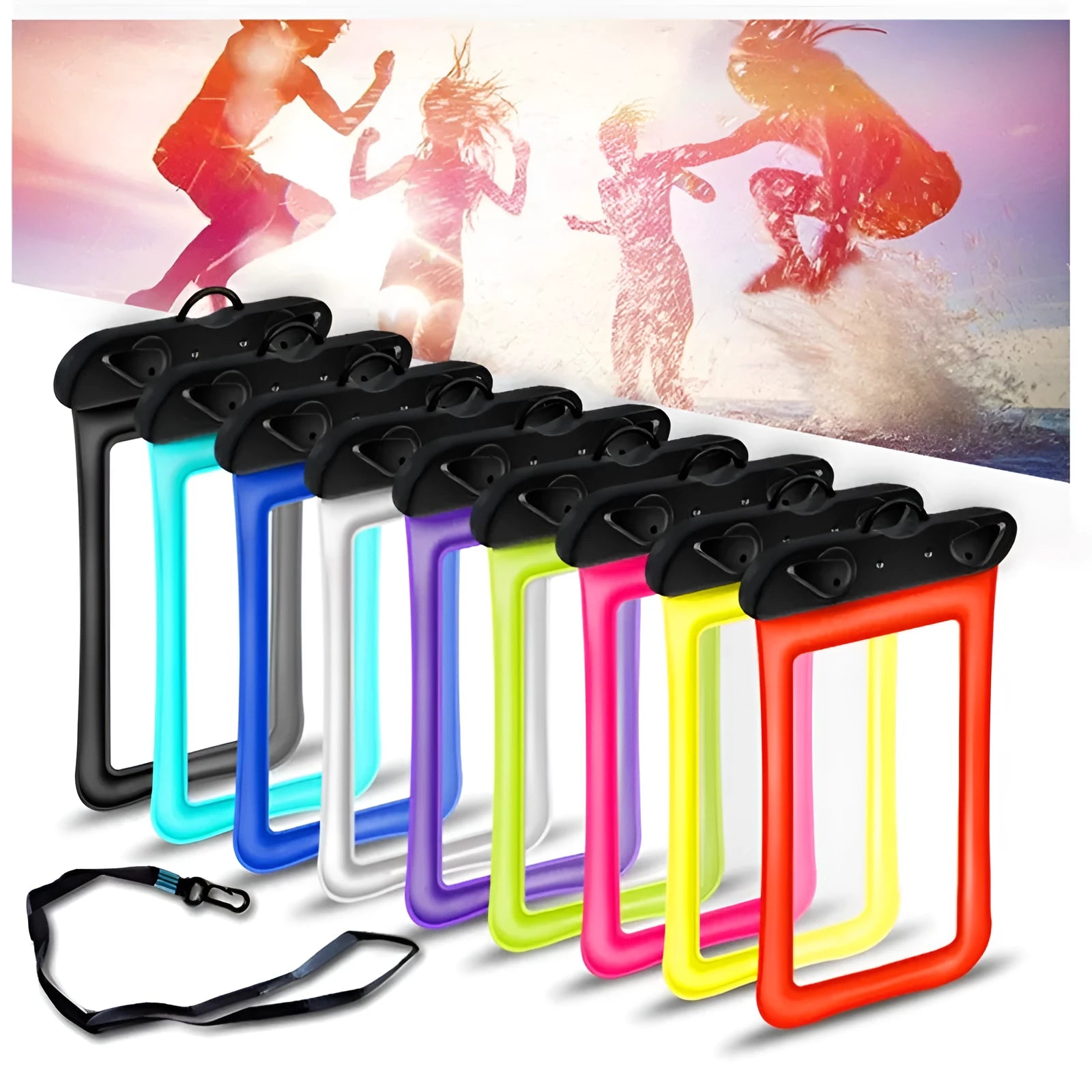 Orange waterproof phone pouch with double airbag design and a black adjustable neck rope.