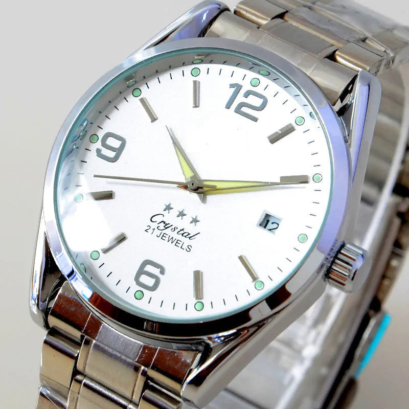 Men's automatic mechanical watch with 40.5mm dial, mineral glass, black dial, and pointer display