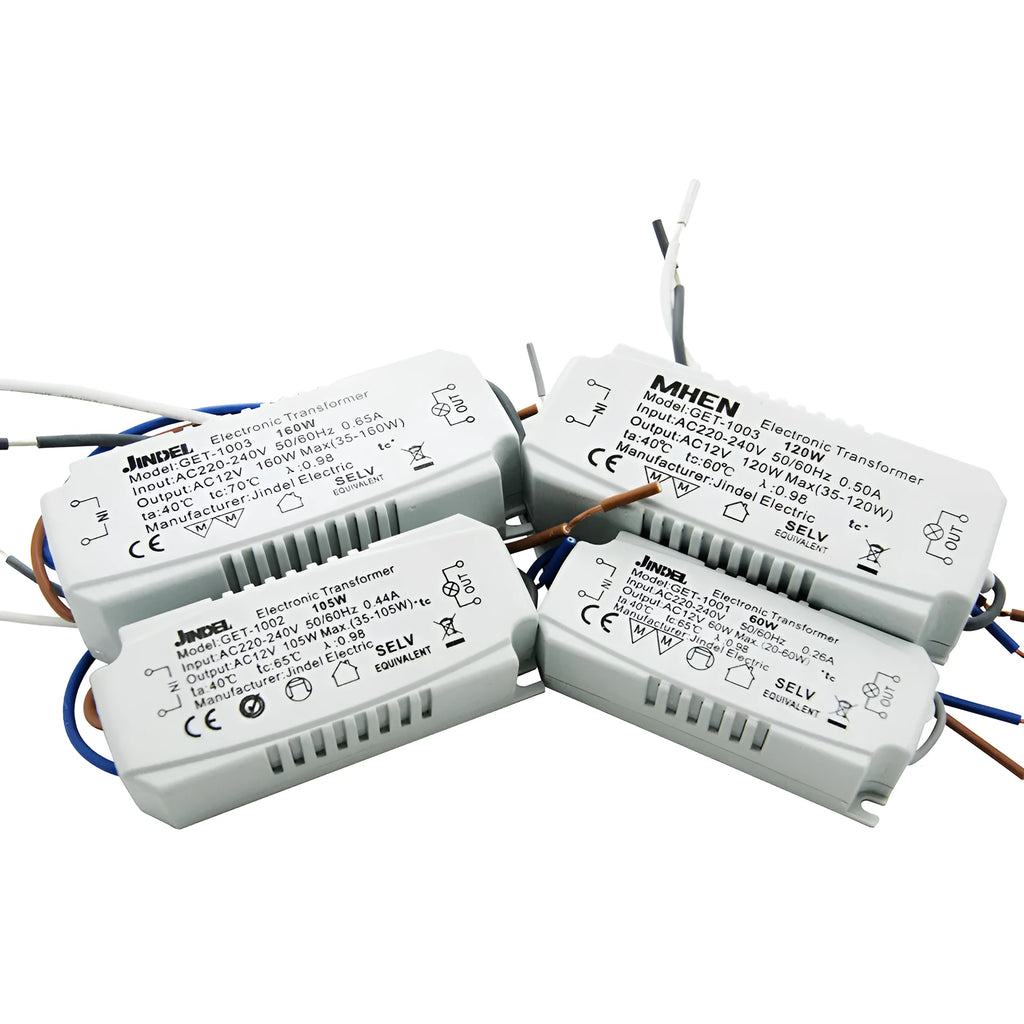 White quartz lamp electronic transformer, dry type, shown in 50W to 160W options and sizes from 75x35x20mm to 110x45x28mm.