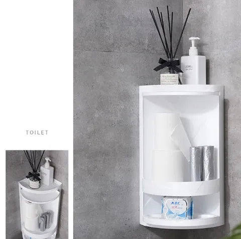 Plastic punch-free 3-tier corner shelf in Nordic white or elegant grey for bathroom or kitchen wall.