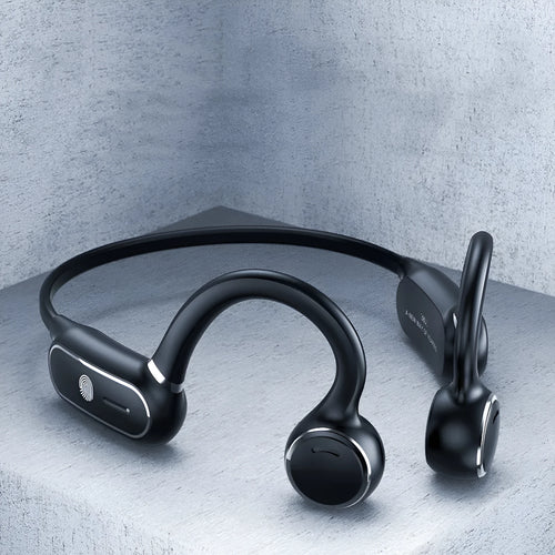 Black air conduction Bluetooth wireless earphone with an ear-hook design and touch controls on the housing.