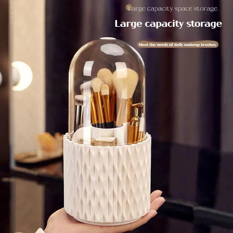 White rotating transparent acrylic makeup brush storage box with dustproof lid on desktop