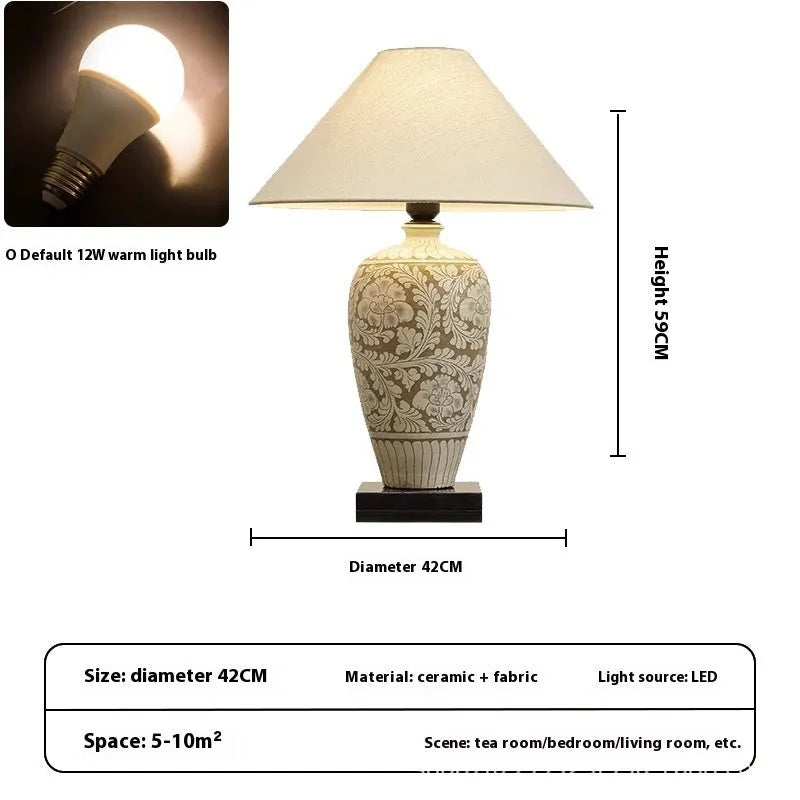 Japanese style ceramic and fabric table lamp with tri-colour and warm light, 59x42cm, for study room decoration