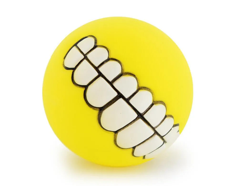 Soft PVC dog teeth ball chew toy, 7.5cm diameter, in green, rose red, yellow or orange.