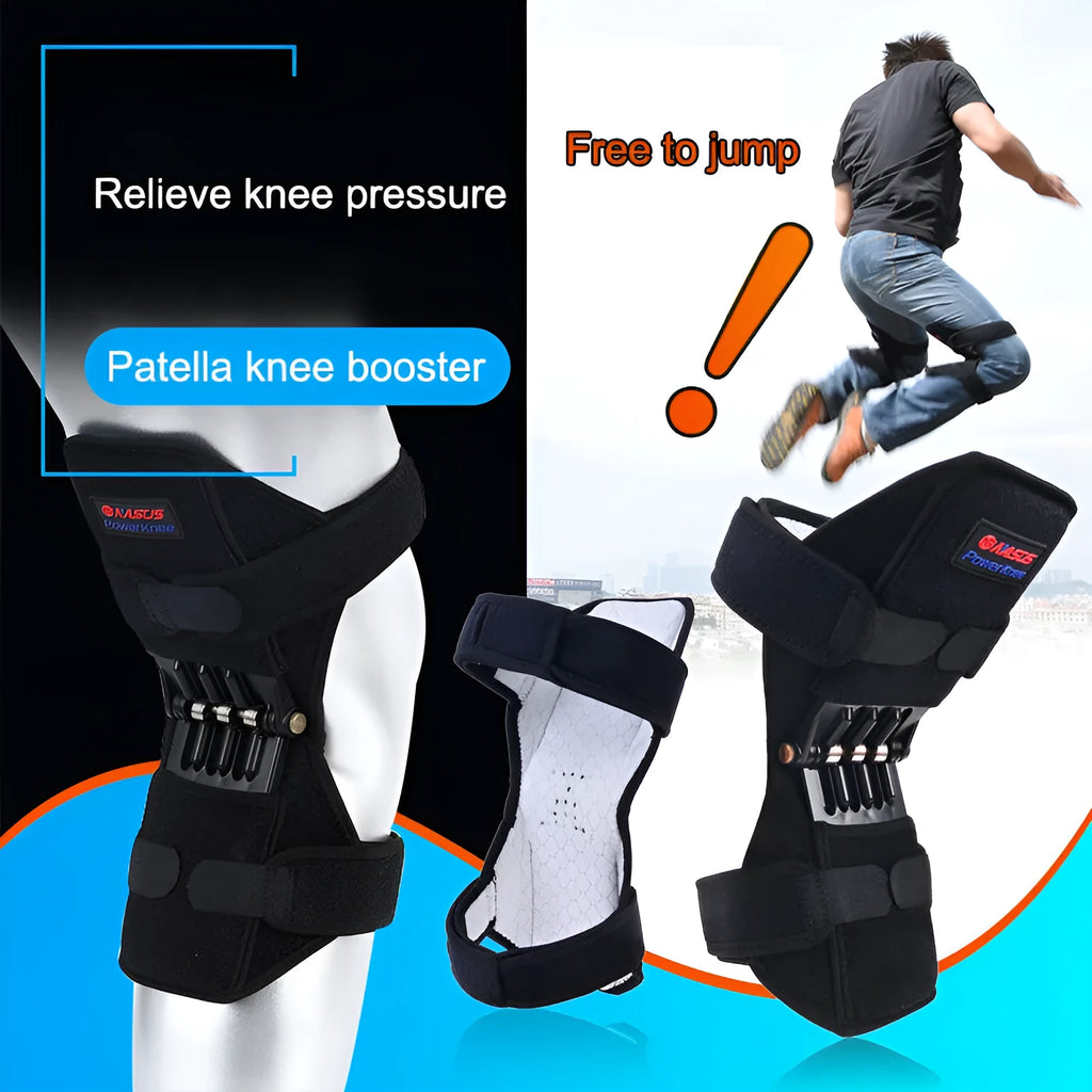 Adjustable spring knee brace support for mountaineering and squat sports, shown in black.