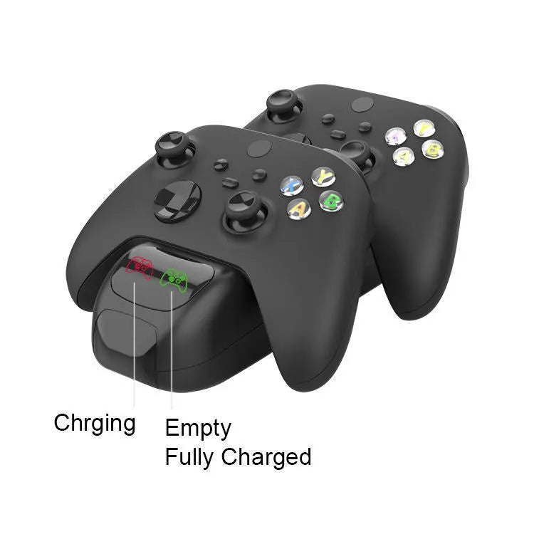 Black Xbox Series X dual controller charging station with LED lights and two battery packs