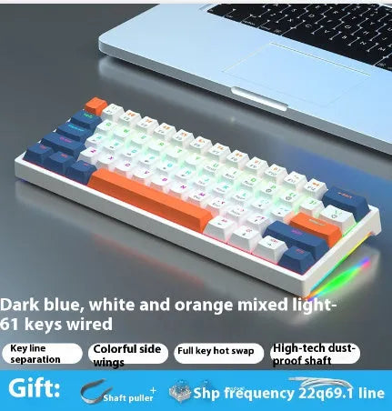 61-key bluish-black and white mechanical keyboard with hot-swap switches on desk