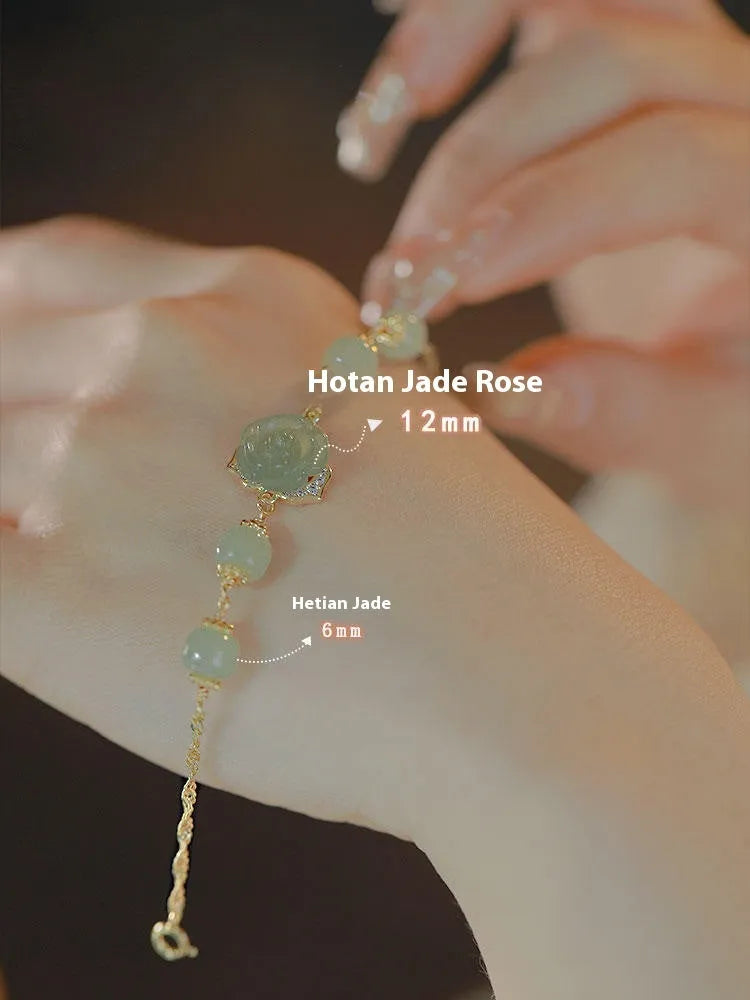 Original design women's bracelet in Hetian Jade Rose with 14K gold plating and a flower shape.
