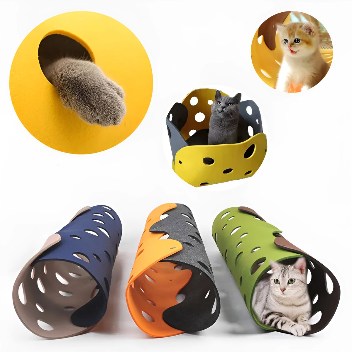 Felt cat tunnel toy 92x22cm with peepholes and two-tone surface, collapsible interactive pet toy