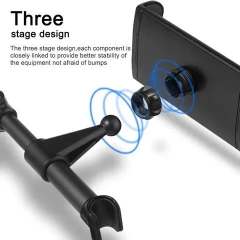 Black car phone holder mounted to rear seat base holding tablet for navigation