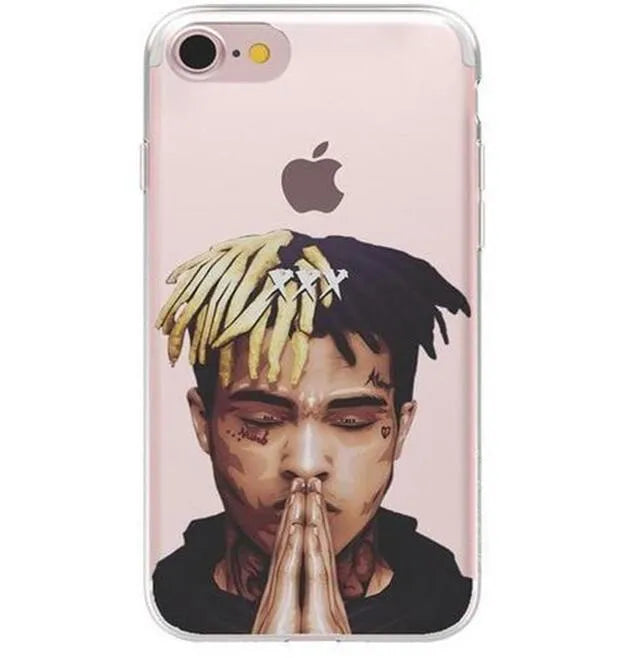 Matte transparent iPhone case with XXXTentacion pattern, showing half-wrapped design on an iPhone.