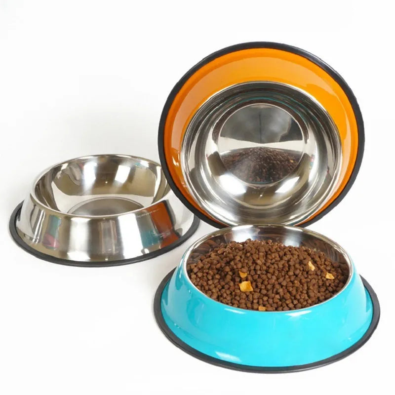 Stainless steel pet bowl with colourful melamine exterior and non-slip rubber base in multiple colour options