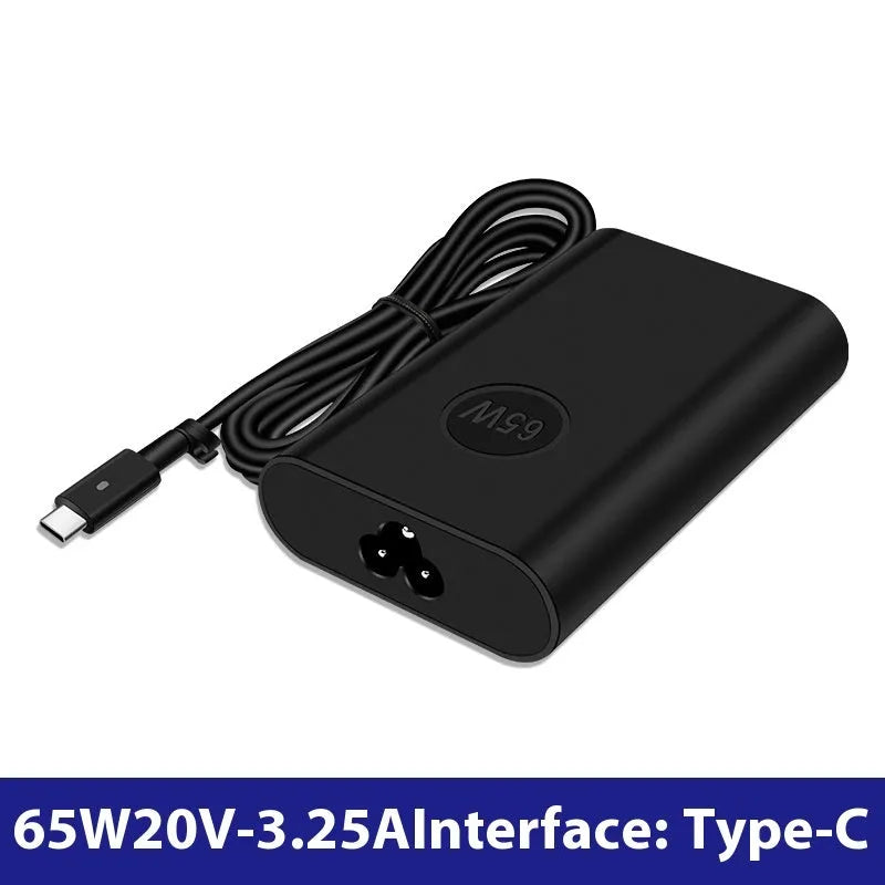 Black oval 65W Type-C laptop power adapter with multiple international plug configurations