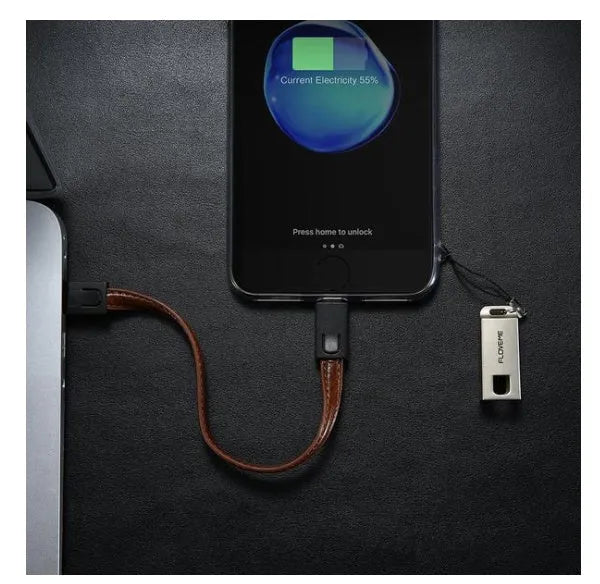 Red leather iPhone charging cable with zinc alloy connectors, 20cm length