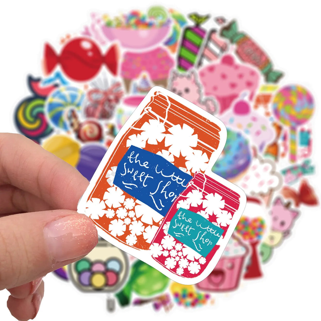 Colourful candy graffiti stickers pack showing cartoon designs and sweet-themed patterns