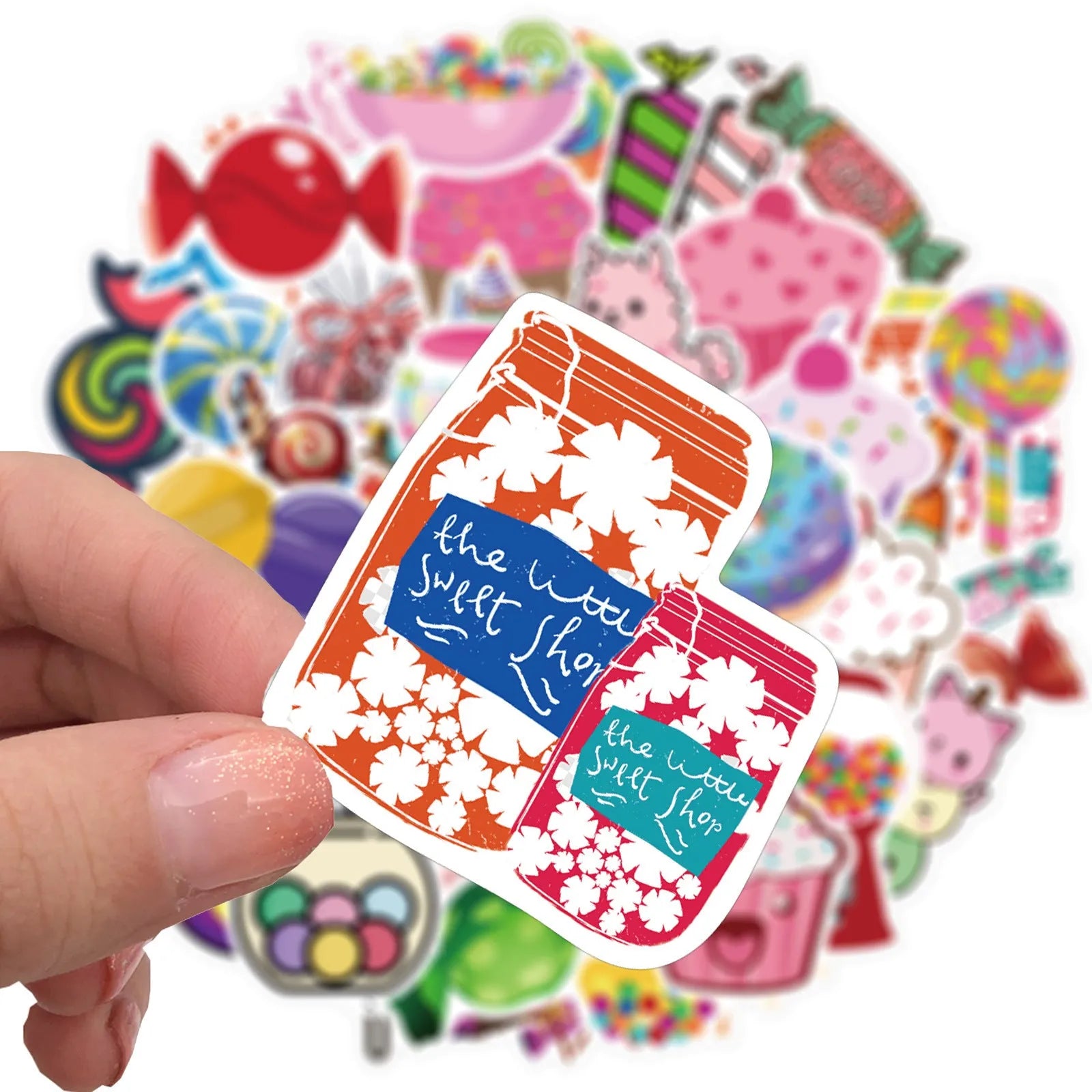 Colourful candy graffiti stickers pack showing cartoon designs and sweet-themed patterns