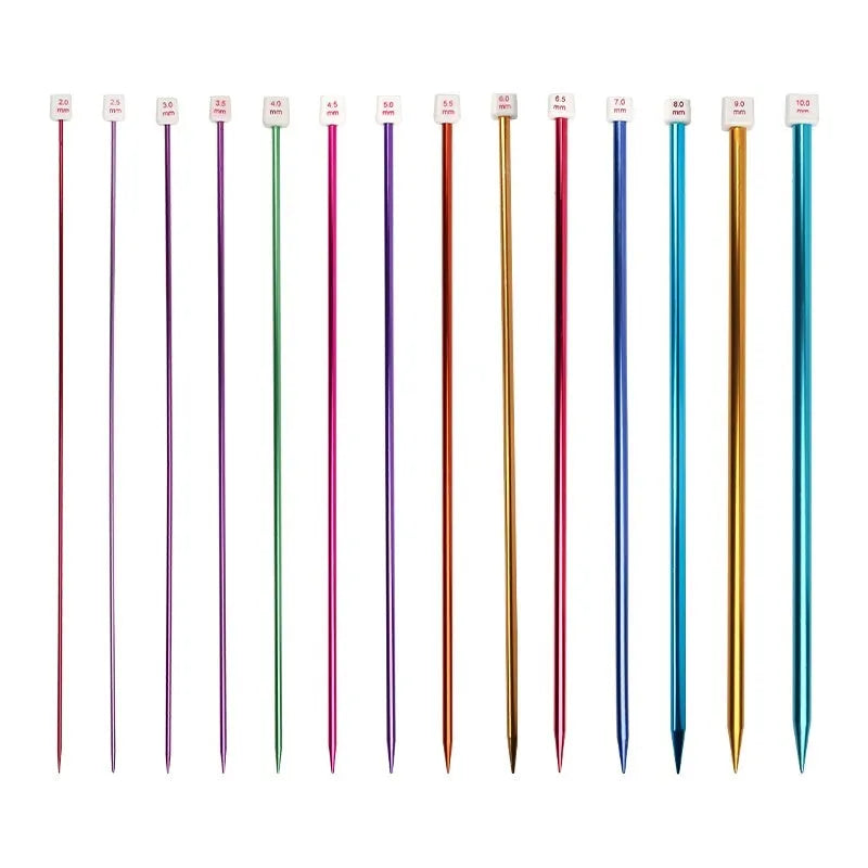 Set of lengthened crochet hooks with protective end caps in sizes from 2.0mm to 10.0mm.