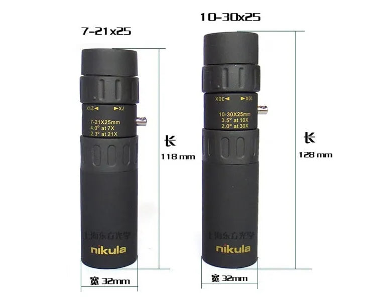Nicholas 10-30x25 black monocular telescope with metal body and rubber parts, collapsed size 127mm