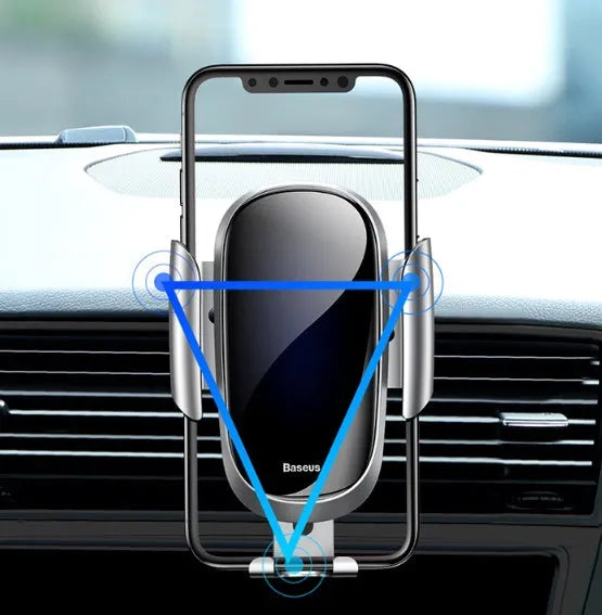 Universal smart car bracket with adjustable arm and suction cup base mounted on car dashboard