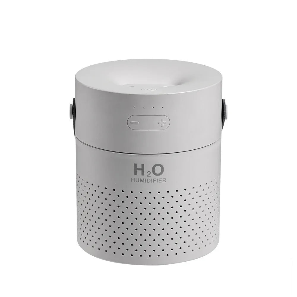 Slim USB rechargeable humidifier with colour LED light in green, grey, pink or white, showing water tank and USB port.
