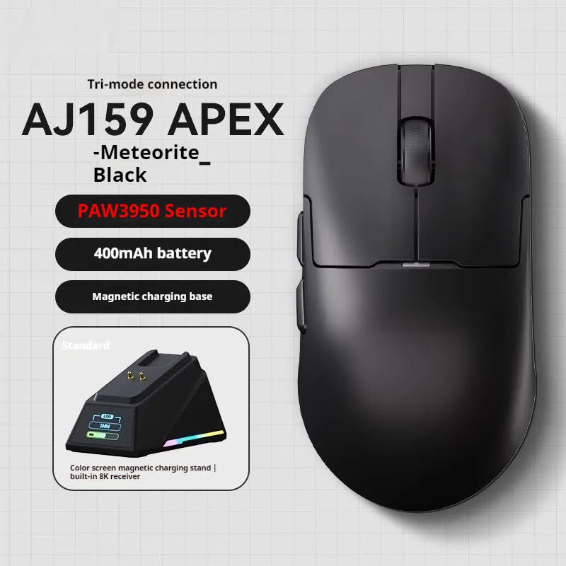 AJ159 gaming mouse in various colours showing compact design with Teflon feet.