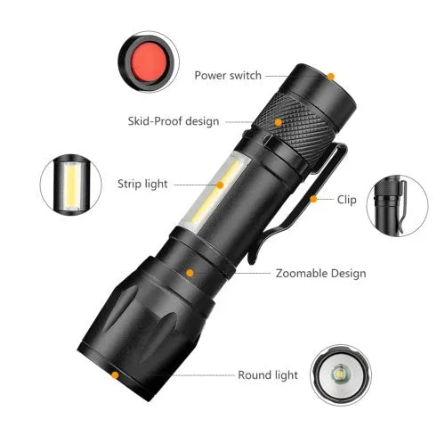 Black mini telescopic aluminum alloy LED flashlight with adjustable focus and clip.