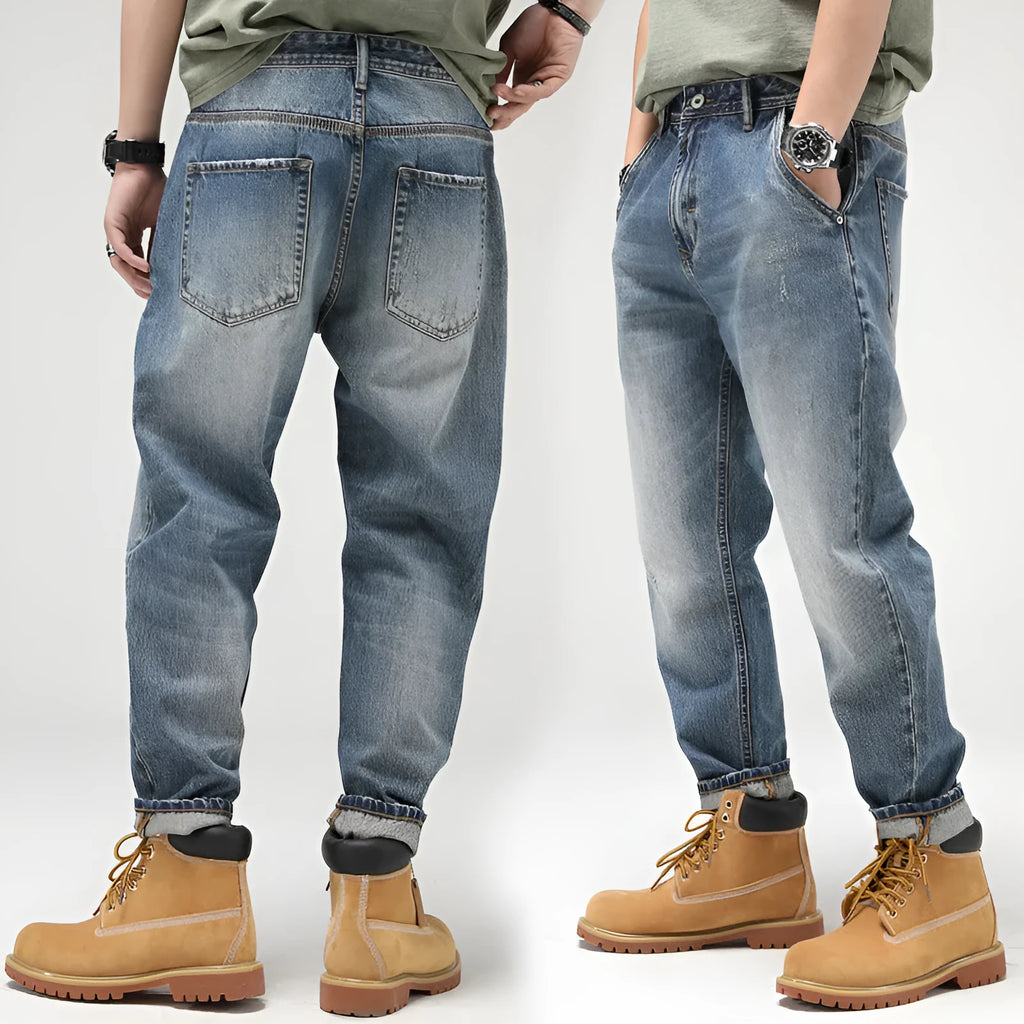 Men's retro blue jeans, loose straight-leg cut, 100% cotton denim, middle waist, nine-pants length.