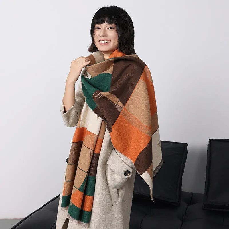 Long beige imitation cashmere style polyester scarf draped to show its 185 cm length and texture.