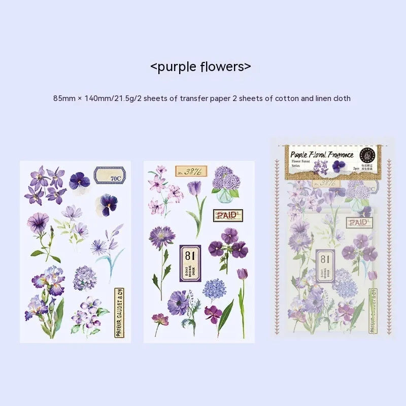 Huazhisen Series art sticker pack showing forest-themed label designs on transfer paper and cotton linen sheets.