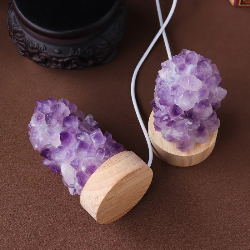 Natural amethyst mini night light with cold light illumination showing crystal vug formations