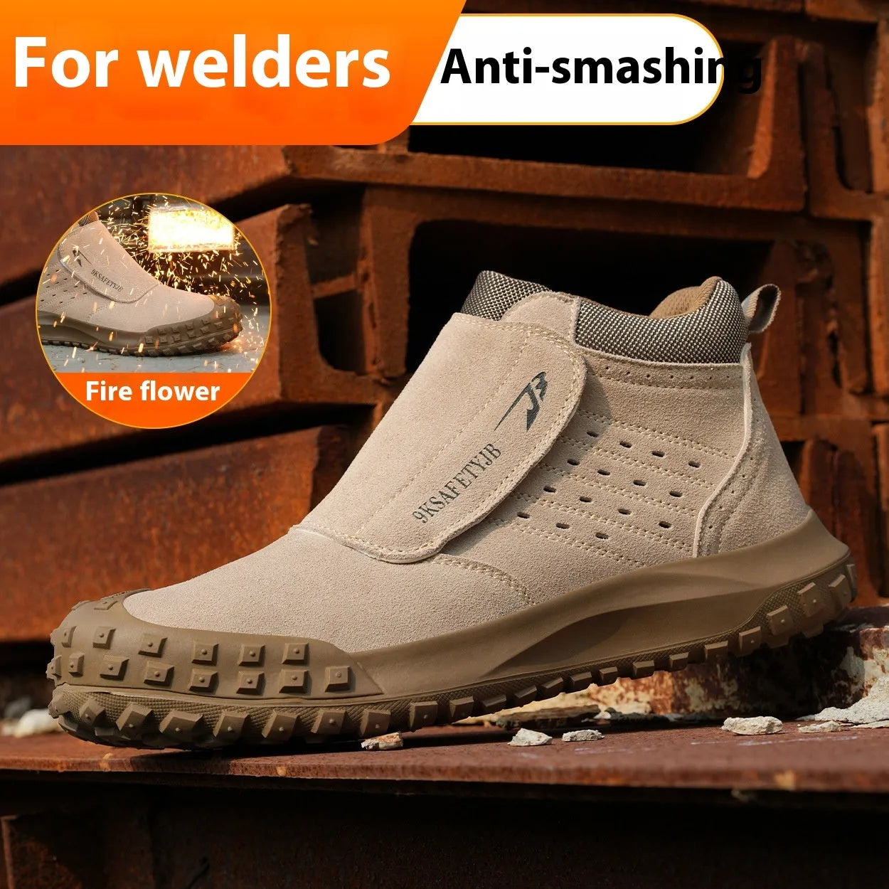 Low-top welder safety shoes with steel toe cap and lace-up front, in sand colour.