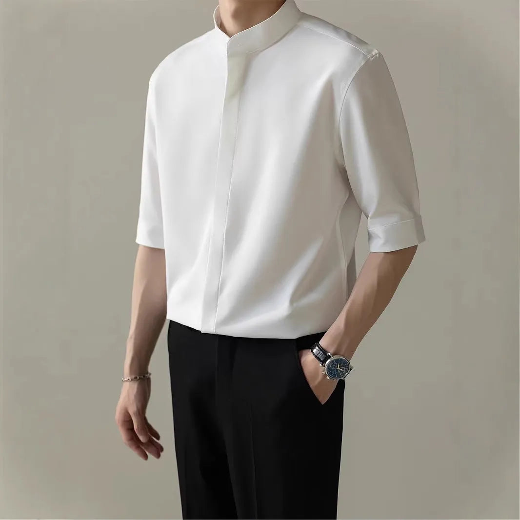 Men's thin stand collar short sleeve shirt in black, half sleeve, polyester blend fabric