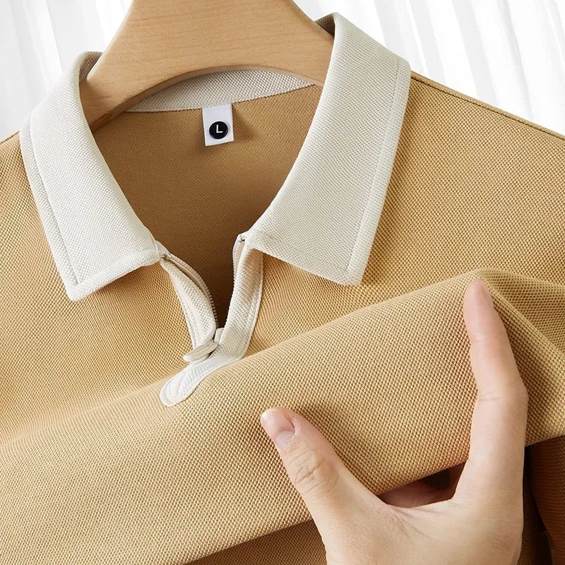 Nylon short sleeve polo shirt with zipper and lapel, solid colour, loose fit for teenagers