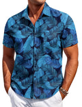 Men's slim fit short sleeve Hawaiian shirt with a digital print pattern on polyester fabric.