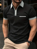 Man wearing a loose-fit casual short-sleeved shirt with a chest pocket and zipper decoration details.