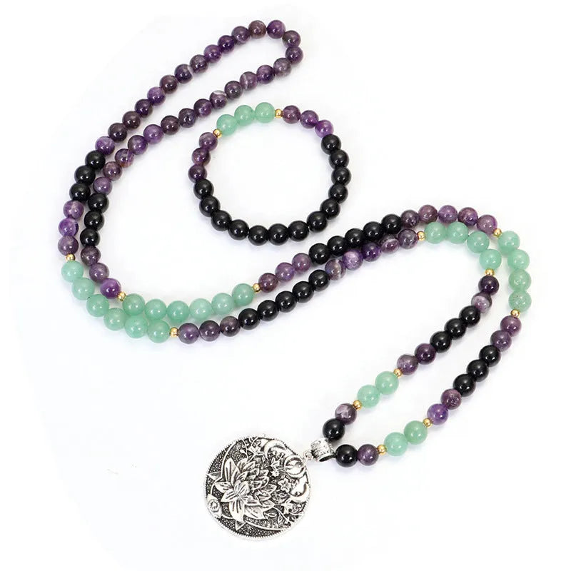 Yoga lotus pendant necklace and matching bracelet set with handmade stone beads