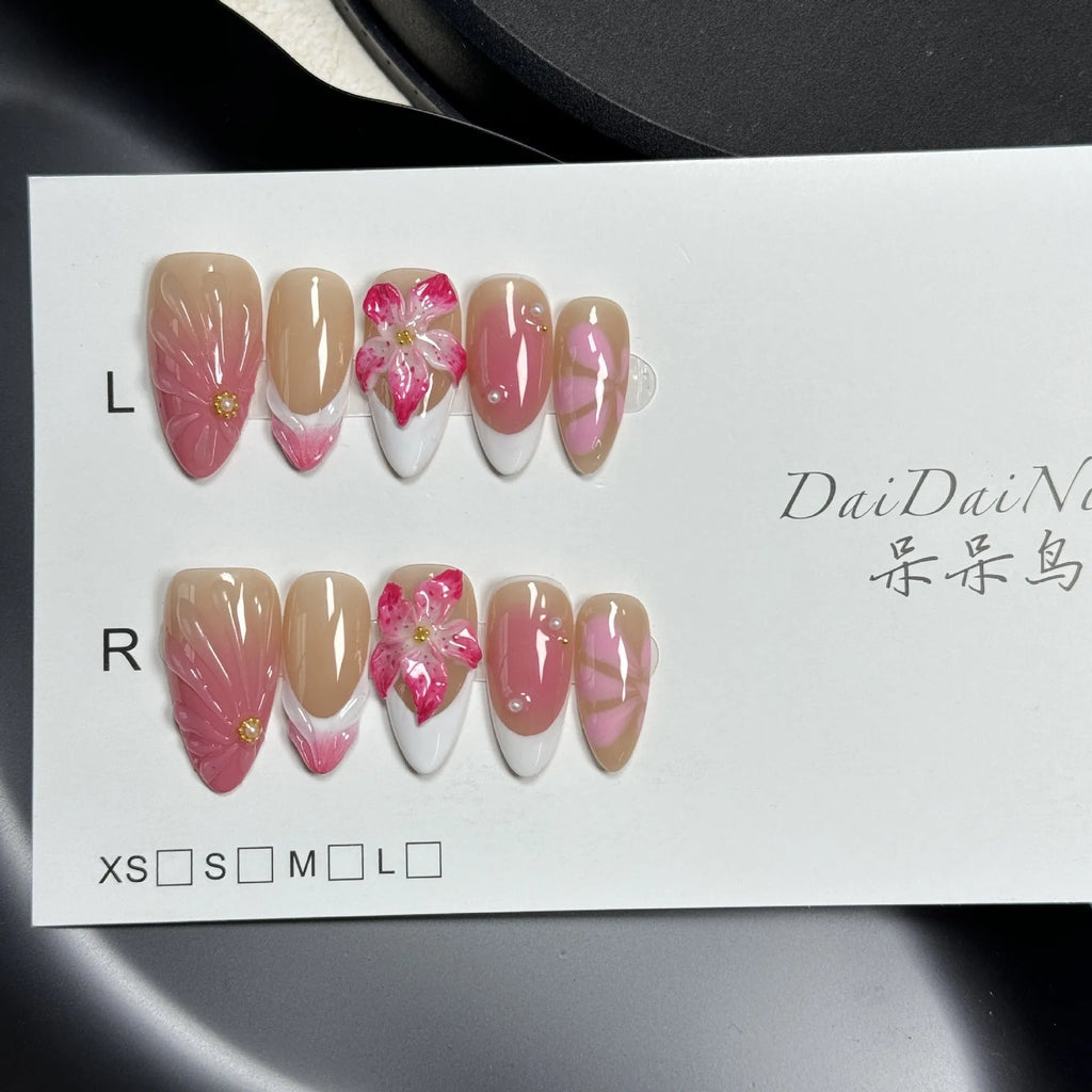 French style three-dimensional lily and ice flower manicure wraps in almond shape on plastic wearable armour