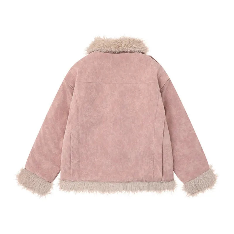 Women's American-style retro lamb wool coat loose fit in black colour