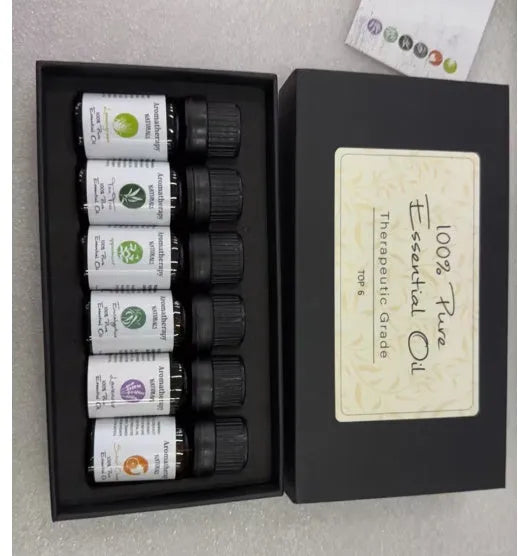 Aromatherapy essential oil set with six 10 (g/ml) boxes including lavender, mint, tea tree, lemongrass, sweet orange, and eucalyptus