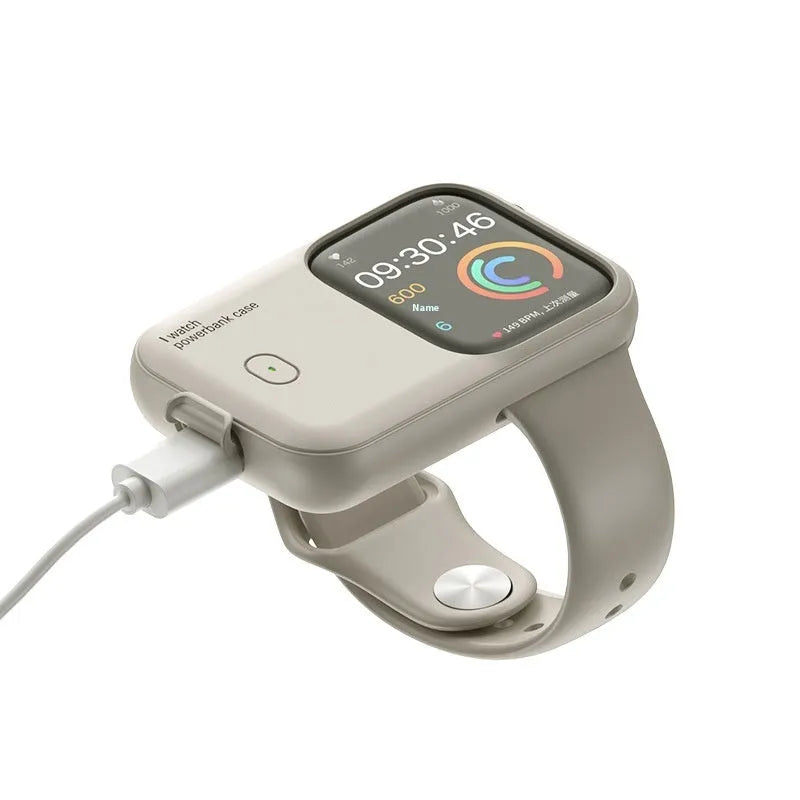 Apple Watch portable wireless charging power bank case in brown, midnight blue, and starlight colours