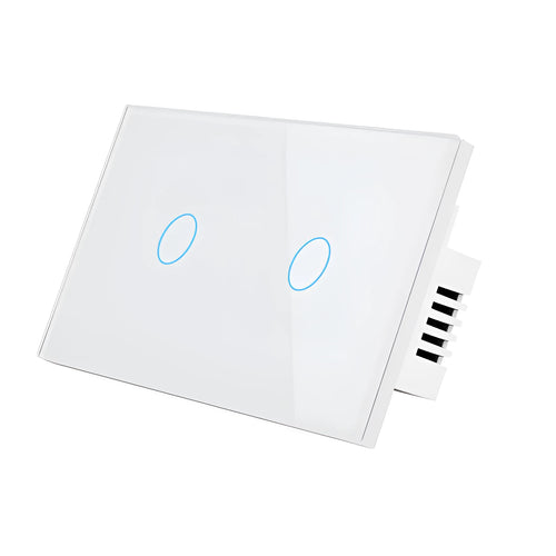 White 2-gang RF touch light switch with tempered glass panel and blue LED indicator.