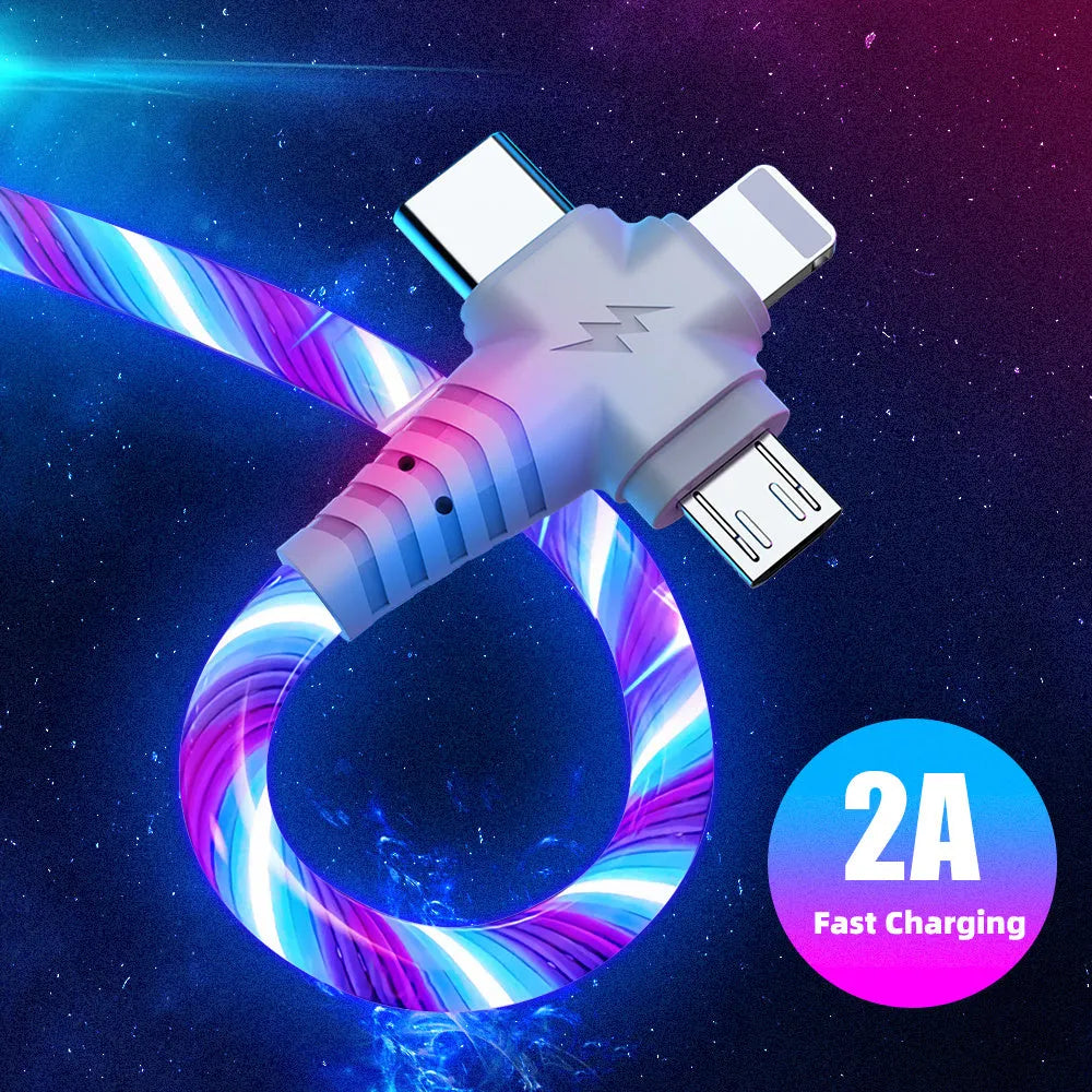 3-in-1 fast charging cable with aluminum alloy joints, luminous finish, USB A to Type C and Micro USB, 1m length