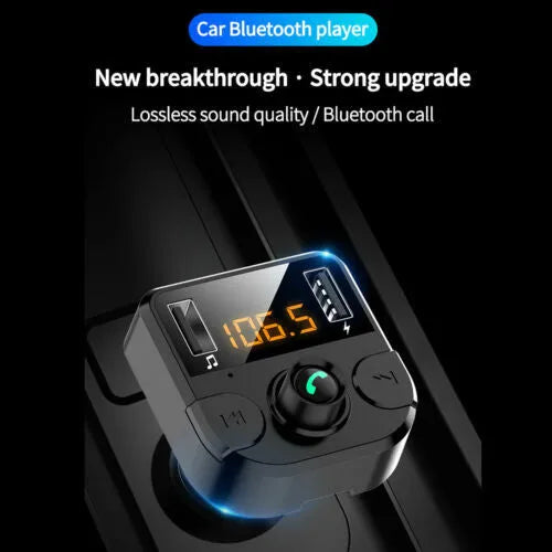 Black ABS car MP3 player Bluetooth FM transmitter with LED display and USB charging port on white background