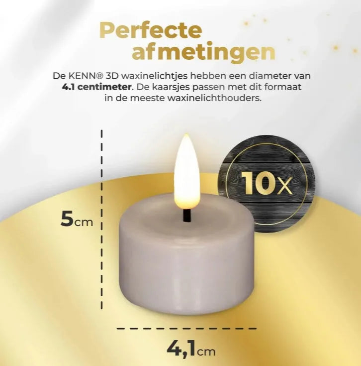 Taupe coloured S10 3D flame LED tealight candle showing flickering light effect.