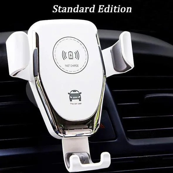 Black car Qi wireless charger with automatic clamp mounted on a vehicle air vent.