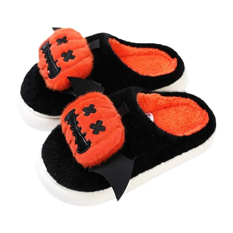 Halloween cartoon pumpkin slippers with small wings, black, non-slip indoor cotton slippers unisex baotou round toe