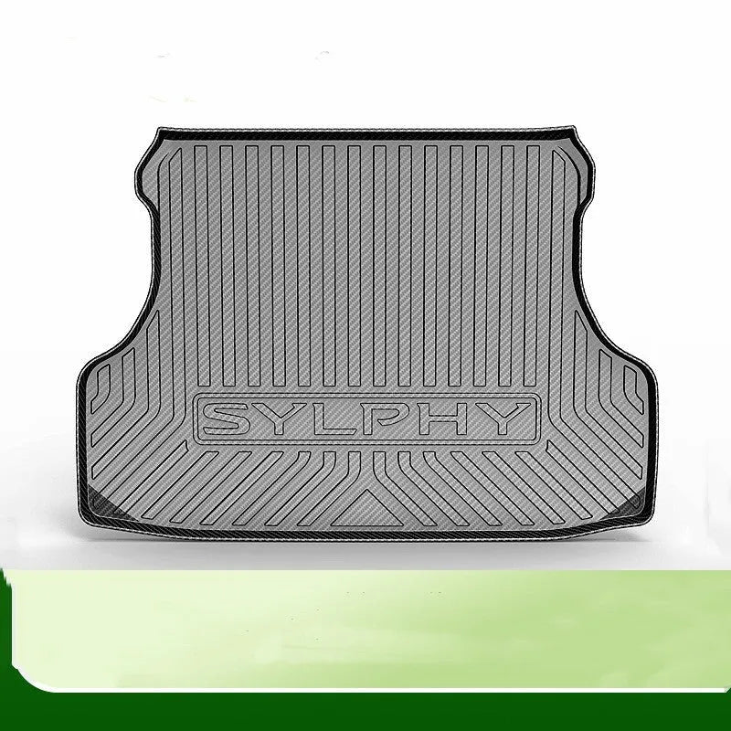Black TPE car boot liner with carbon fibre texture pattern for specific vehicle models.